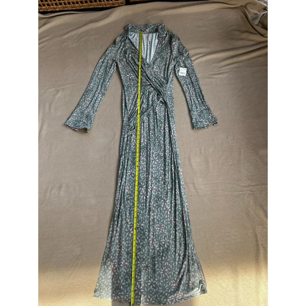 NEW Free People Shayla Floral LS Faux‎ Wrap Midi Dress Mint Combo Women Large